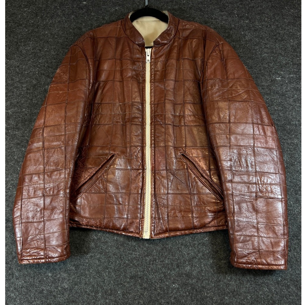 VTG 70s Quilted Leather Reversible Bomber Jacket Mens Large Brown Luxary 1970s